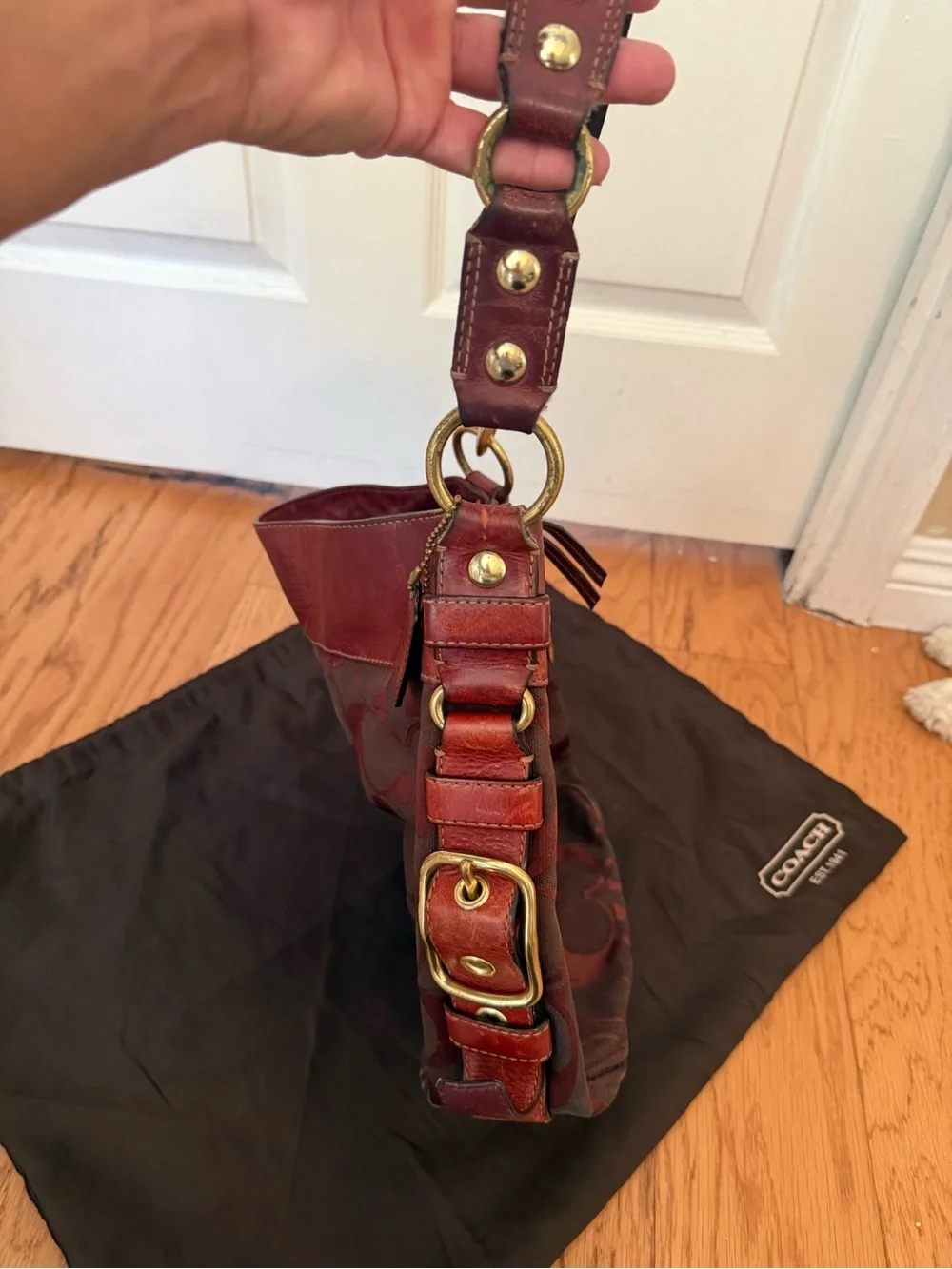 COACH Zoe Signature Burgundy Signature Canvas Shoulder Bag with Leather Trim